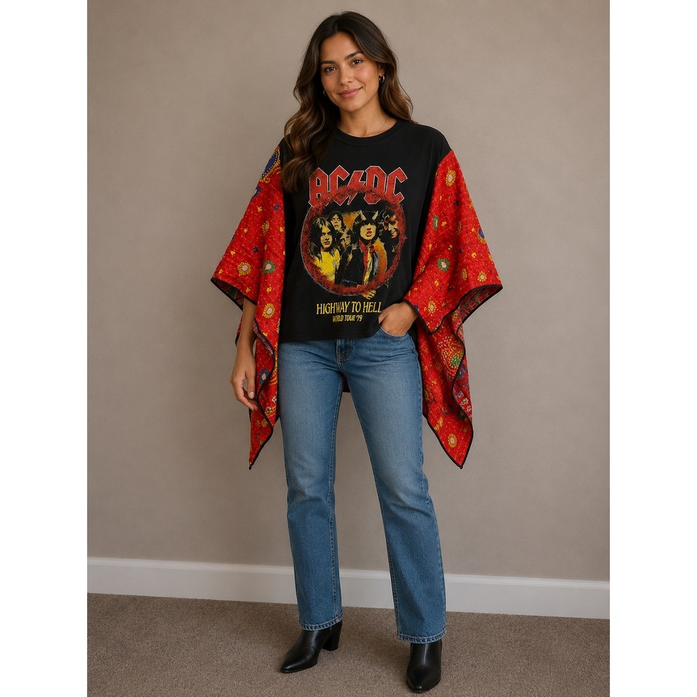AC/DC Highway To Hell Upcycled Kantha Quilt Kimono Band Tee Top Black Red O/S